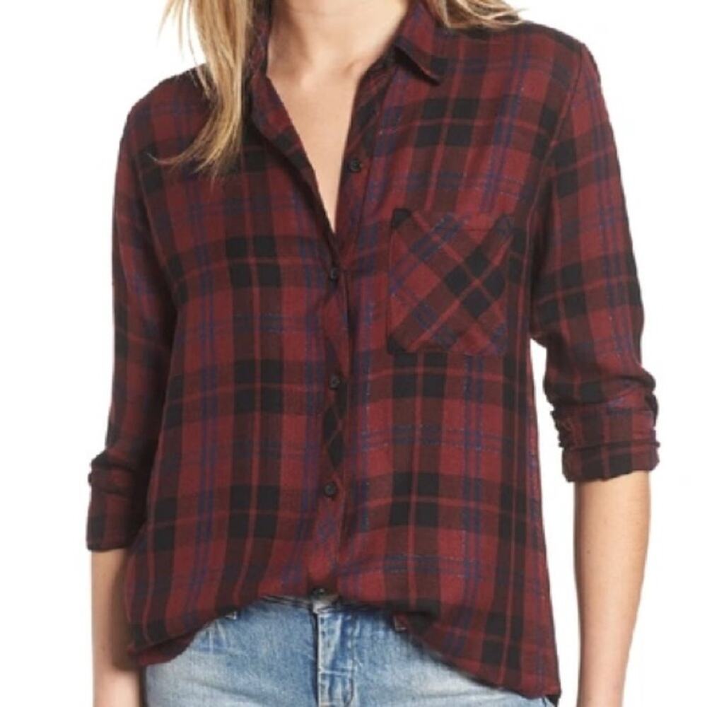 Rails Hunter Plaid Pocket Button-Down Shirt Flannel Metallic Wine Black Size M